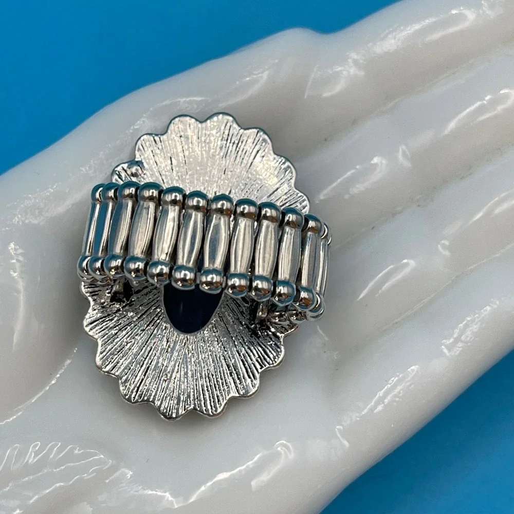 Blue Oval Silver Tone Stretch Ring Boho Western Statement Festival Jewelry - Picture 3 of 5